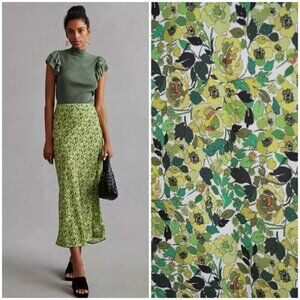 💕FAVORITE DAUGHTER💕 The Gwen Satin Midi Skirt ~ Green Floral Print XL NWOT